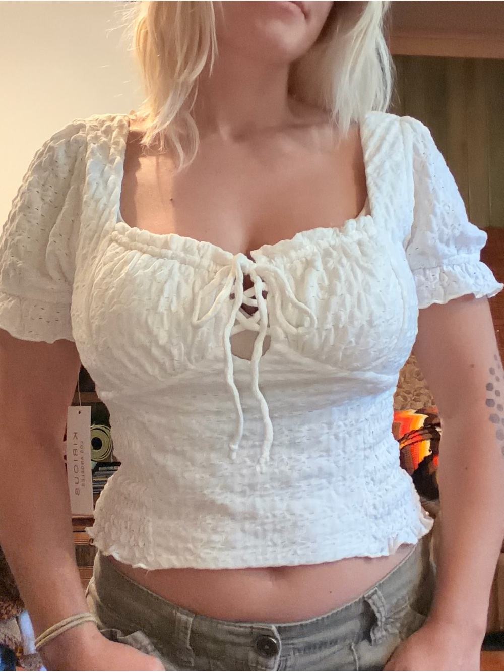 Women’s White Smocked Lace-Up Peasant Top